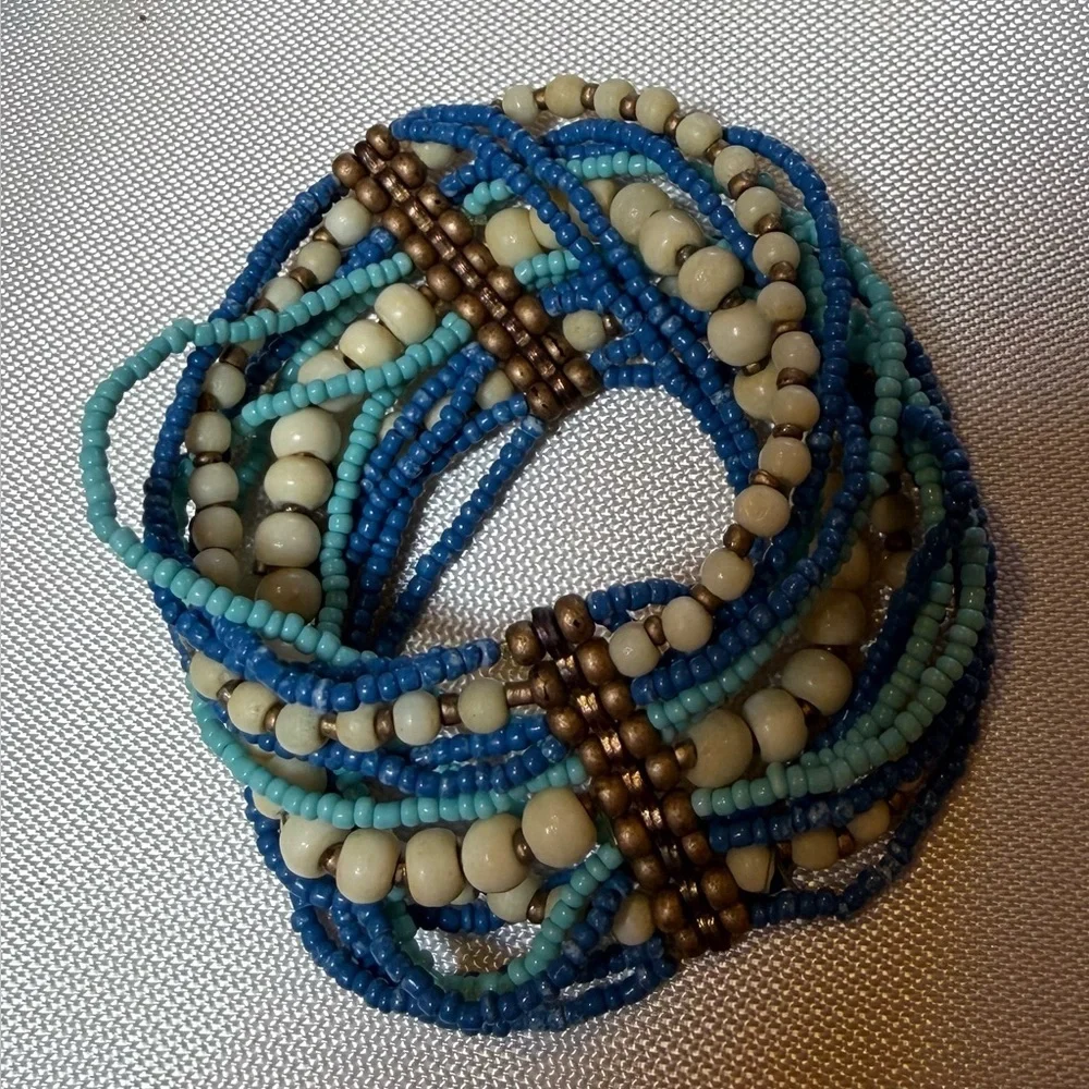 Blue Multi-Strand Beaded Necklace & Stretch Bracelet - Like New